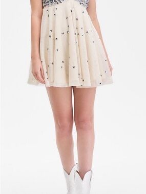 Free People Noel Shine Cream Tulle Mini Dress with Silver Sequin Accents